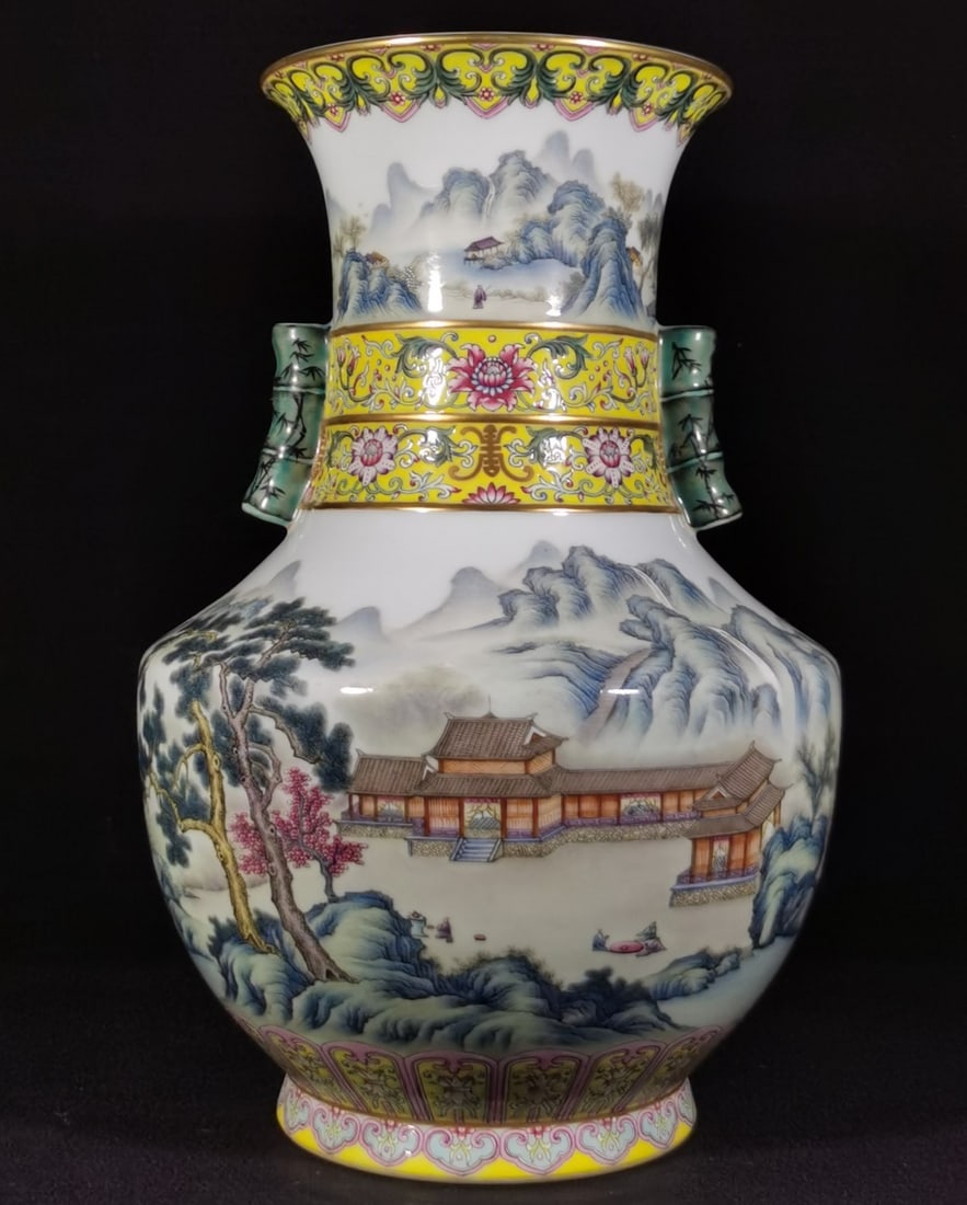 A Exquisite Famille-Rose Landscape Pattern Double-Ears Vase: A Exquisite Famille-Rose Landscape Pattern Double-Ears Vase,Qing Dynasty, China,Qianlong Six-character Mark,Size:18.5inx9.4in