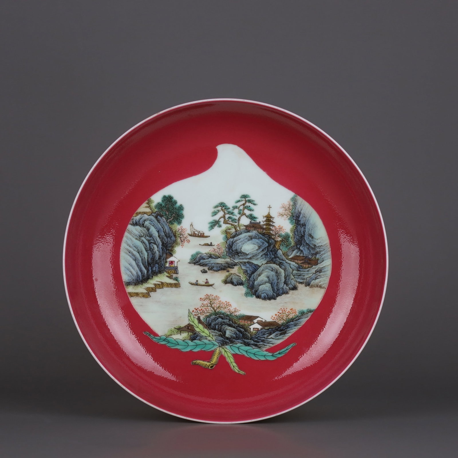 A Exquisite Ruby Red Glaze Famille Rose Landscape Figure Pattern Plate: A Exquisite Ruby Red Glaze Famille Rose Landscape Figure Pattern Plate,Qing Dynasty, China,Yongzheng Six-character Mark,Size:1.5inx7.5in