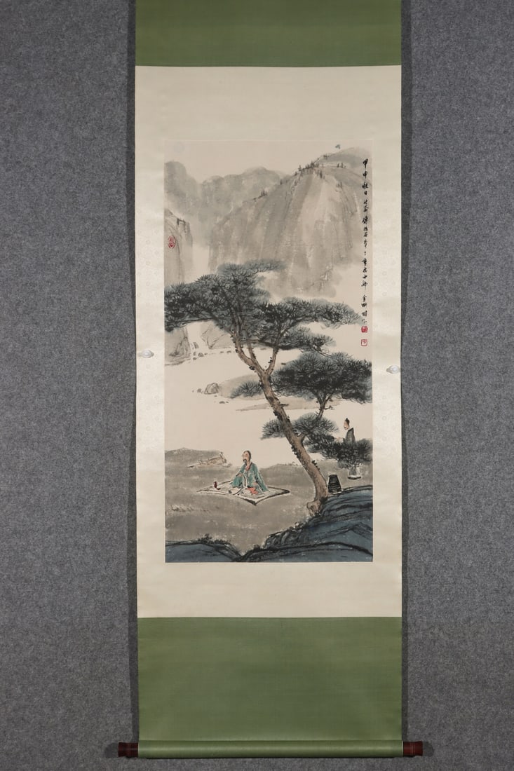A Chinese Vertical Scroll Ink Painting of Landscape and Figures on Paper: A Chinese Vertical Scroll Ink Painting of Landscape and Figures on Paper,Modern Time of China,Fu Baoshi,without frame size:39.8inx19.7in
