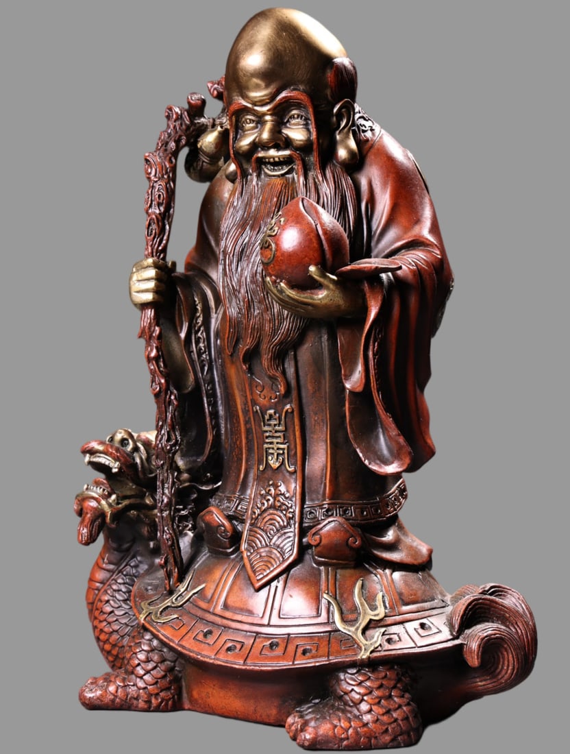 A Exquisite Gilt Red Bronze Birthday Star Ornament: A Exquisite Gilt Red Bronze Birthday Star Ornament,Ming Dynasty, China,Size:9.4inx6.3in ,Weight:2500g 红铜鎏金寿星摆件,中国明代