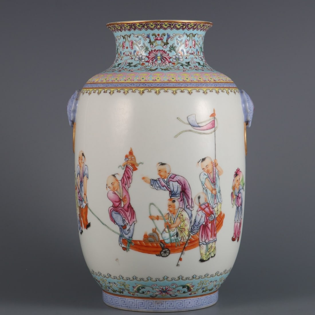 A Exquisite Famille-Rose Figures Pattern Beast-Ears Vase: A Exquisite Famille-Rose Figures Pattern Beast-Ears Vase,Republic of China,With Mark,Size:10.2inx5.9inx3.8in