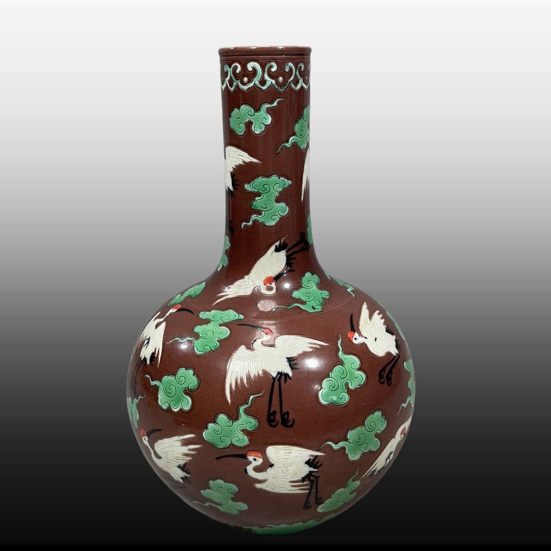 A Exquisite Brown Glazed Green Color Crane Pattern Vase: A Exquisite Brown Glazed Green Color Crane Pattern Vase,Qing Dynasty, China,Yongzheng Six-character Mark,Size:10.2inx6.3in