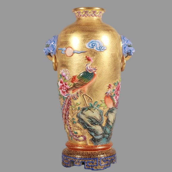 A Exquisite Enamel Gold Ground Phoenix Pattern Lion-Ears Vase: A Exquisite Enamel Gold Ground Phoenix Pattern Lion-Ears Vase,Qing Dynasty, China,Qianlong Six-character Mark,Size:8.7inx4.7in