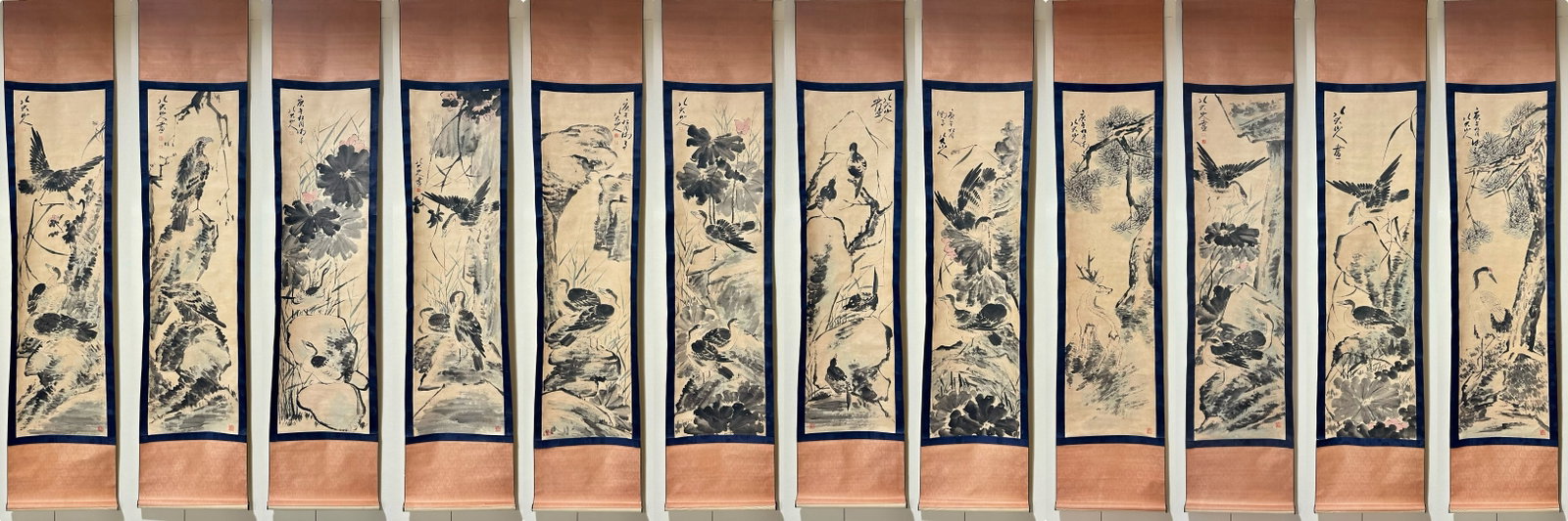 A Set of Chinese Vertical Scroll Ink Paintings of Flowers and Birds on Paper: A Set of Chinese Vertical Scroll Ink Paintings of Flowers and Birds on Paper,Qing Time of China,Bada Shanren,withoutframesize:70.1inx18.9in