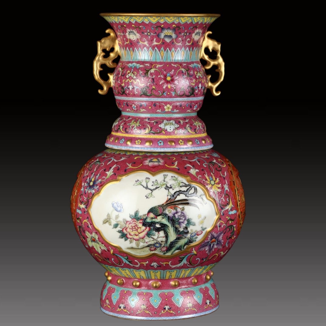 A Exquisite Ruby Red-Glazed Painted Gold Flower and Bird Pattern Vase: A Exquisite Ruby Red-Glazed Painted Gold Flower and Bird Pattern Vase,Qing Dynasty, China,Qianlong Six-character Mark,Size:18.1inx11in