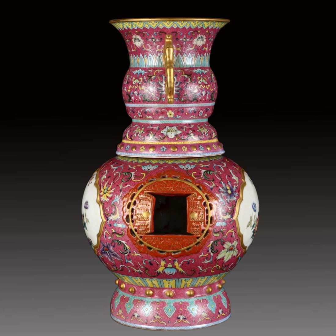 A Exquisite Ruby Red-Glazed Painted Gold Flower and Bird Pattern Vase - 2