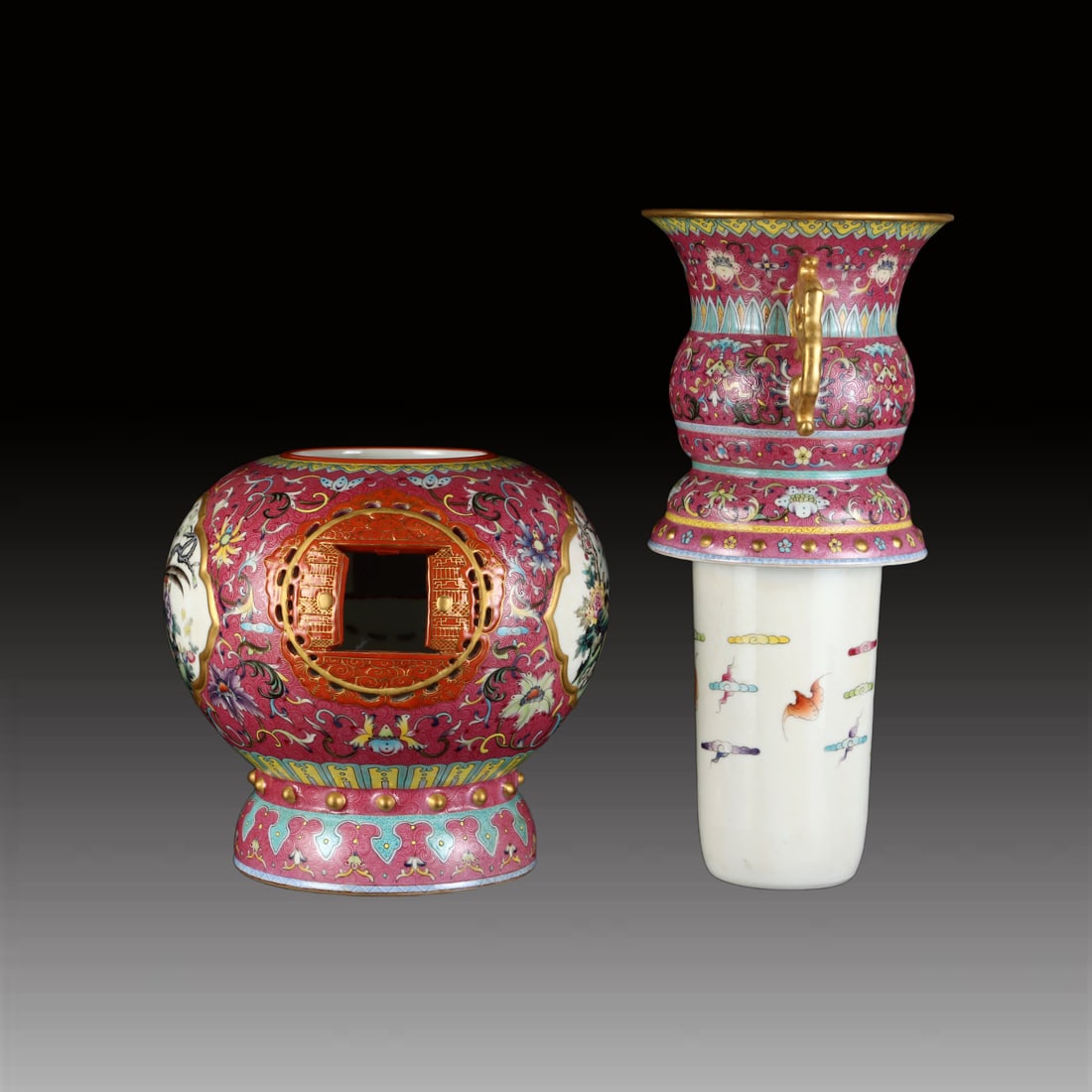 A Exquisite Ruby Red-Glazed Painted Gold Flower and Bird Pattern Vase - 4