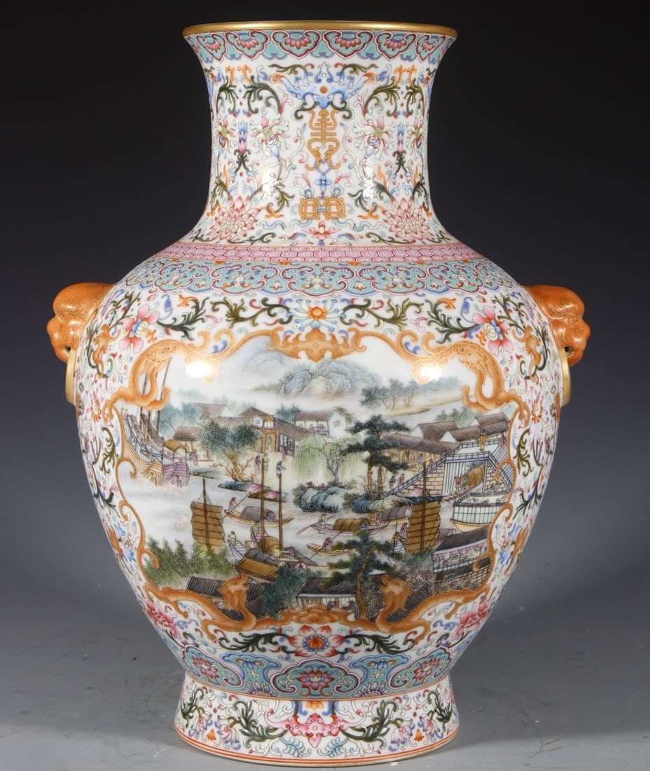 A Exquisite Enamel Landscape Pattern Vase: A Exquisite Enamel Landscape Pattern Vase,Qing Dynasty, China,Qianlong Six-character Mark,Size:14.2inx5.3inx5.7in