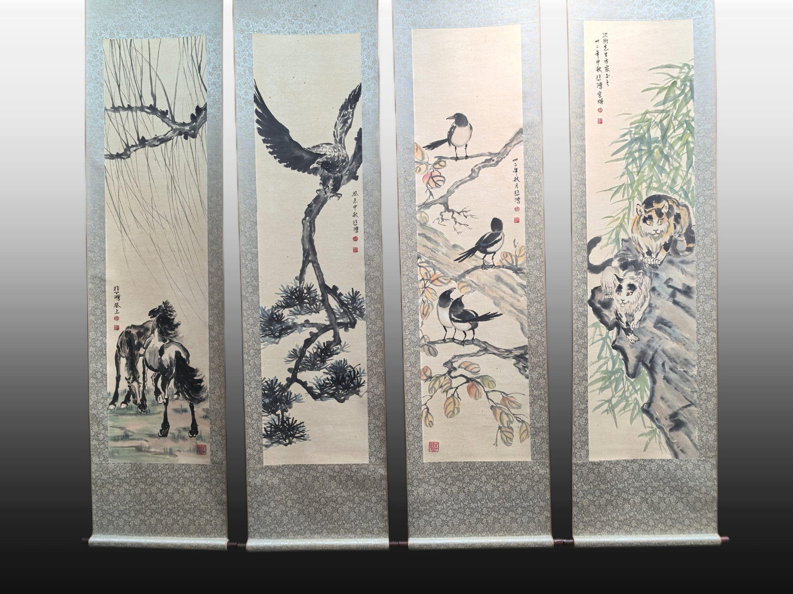A Set of Chinese Vertical Scroll Ink Paintings of Animals on Paper: A Set of Chinese Vertical Scroll Ink Paintings of Animals on Paper,Modern Time of China,Xu Beihong,without frame size:13.1inx53.5in