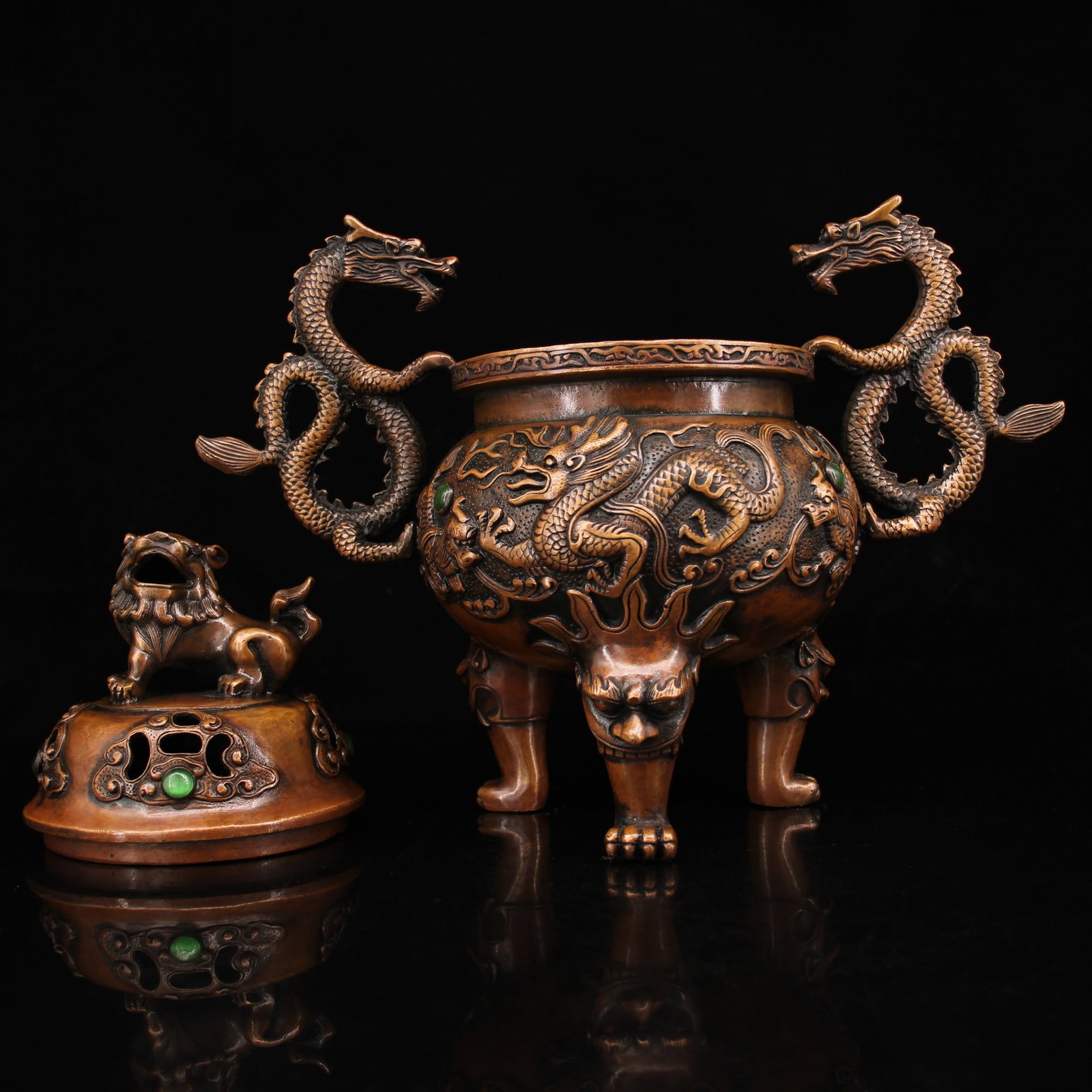 A Exquisite Coppery Inlaid Gems Dragon-Ears Censer: A Exquisite Coppery Inlaid Gems Dragon-Ears Censer,Qing Dynasty, China,Qianlong Four-character Mark,Size:9.1inx9.4in ,Weight:2078g