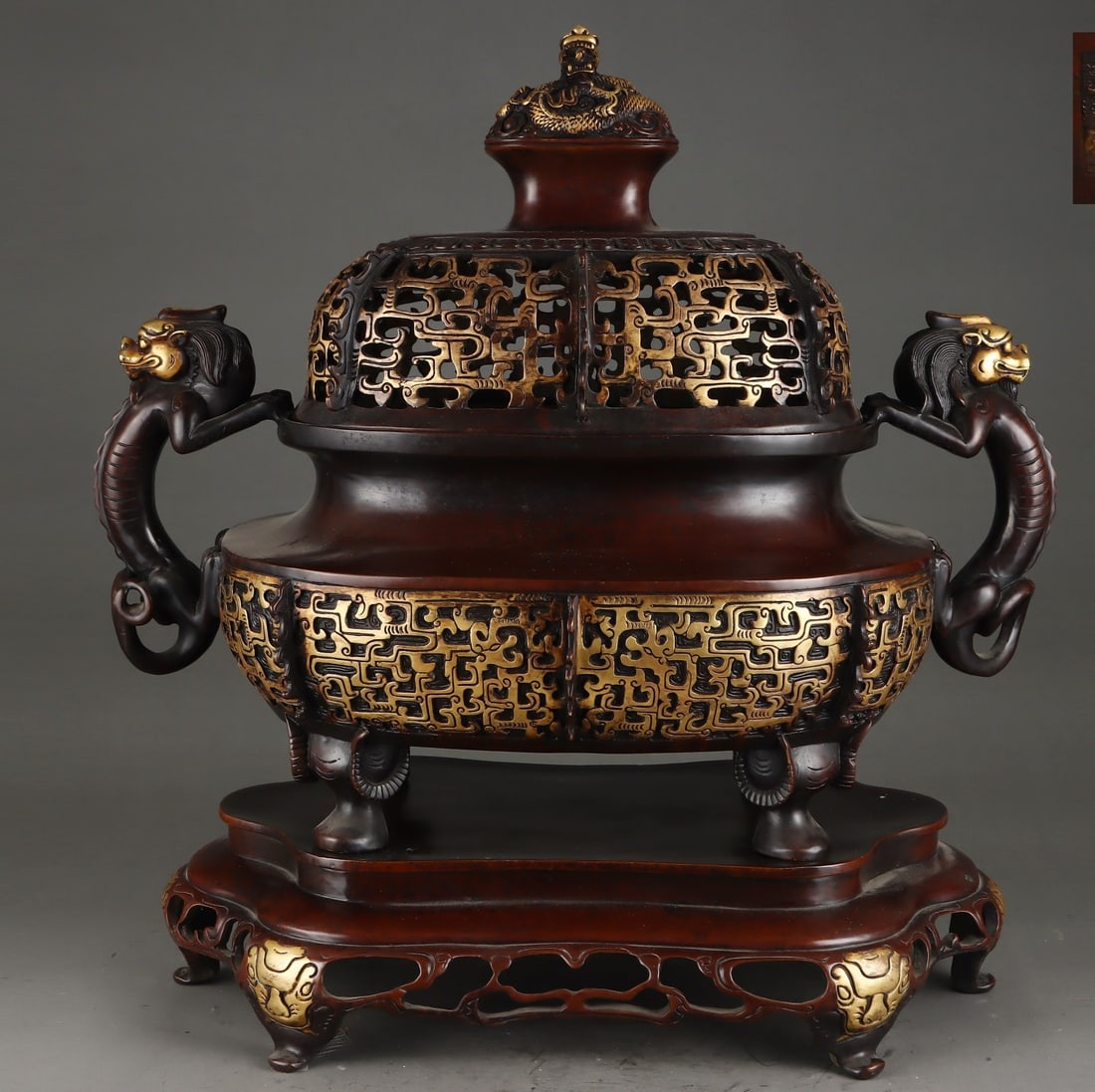 A Exquisite Gilt Bronze Dragon Pattern Dragon Ears Square Censer: A Exquisite Gilt Bronze Dragon Pattern Dragon Ears Square Censer,Ming Dynasty, China,Xuande Six-character Mark,Size:23.2inx8.9inx13.8inx11.8inx16.5inx22in,Weight:32750g