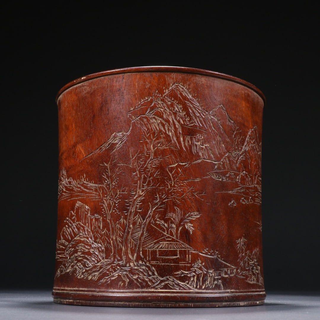 A Exquisite Huanghuali Wood Landscape and Figures Pattern Brush Pot: A Exquisite Huanghuali Wood Landscape and Figures Pattern Brush Pot,Qing Dynasty, China,Size:6.3inx6.7in 黄花梨山水人物纹笔筒,中ࢲ