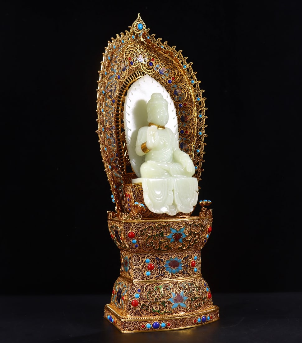 A Exquisite Filigree Gilt Inlaid Hotan White Jade Buddha statue Ornament: A Exquisite Filigree Gilt Inlaid Hotan White Jade Buddha statue Ornament,Qing Dynasty, China,Qianlong Four-character Mark,Size:15.4inx6.3inx4.5in,Weight:1694g 花丝鎏金镶&