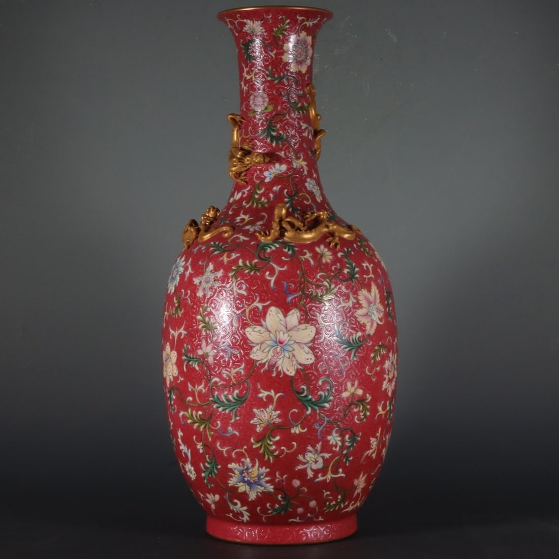 Ruby Red-Glazed Painted Gold Lotus Pattern Vase: Ruby Red-Glazed Painted Gold Lotus Pattern Vase,Qing Dynasty, China,Qianlong Four-character Mark,Size:21.7inx4.9inx6.3in 胭脂红描金缠枝莲纹瓶
