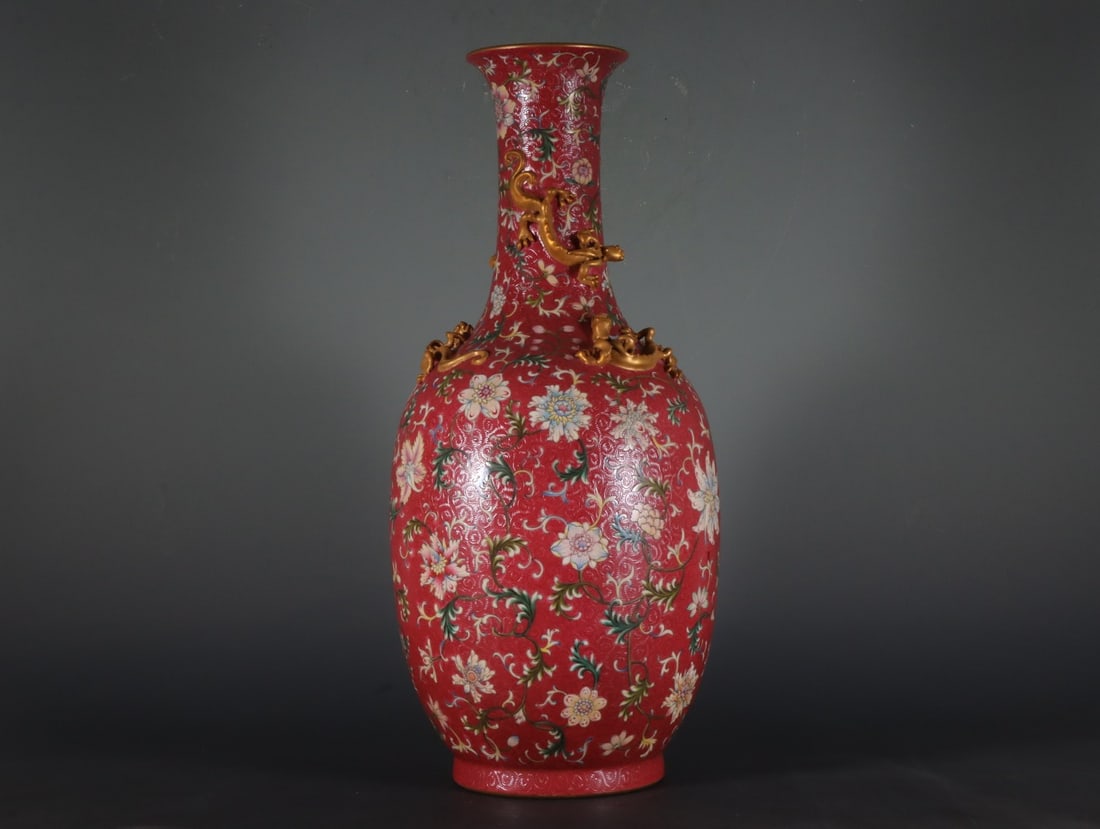 Ruby Red-Glazed Painted Gold Lotus Pattern Vase - 6