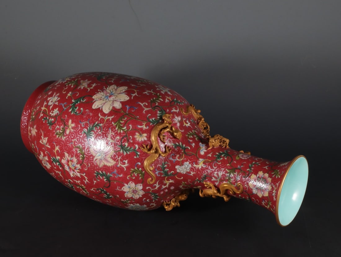 Ruby Red-Glazed Painted Gold Lotus Pattern Vase - 8