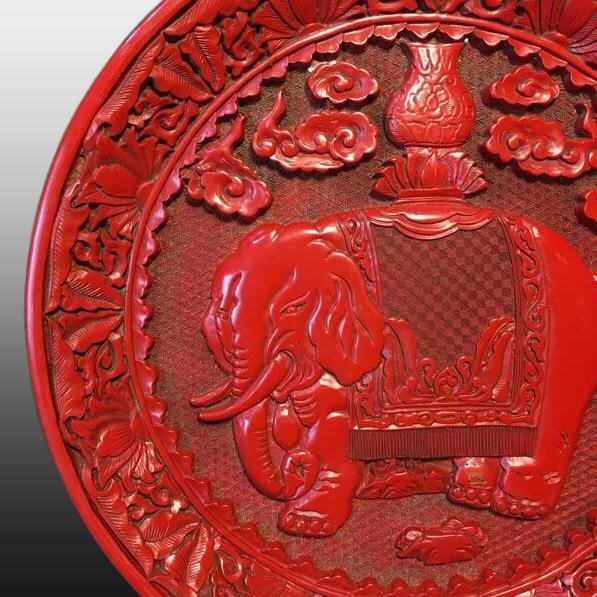 A Exquisite Carved Red Lacquer Elephant Pattern Plate - 4