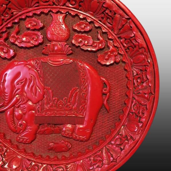 A Exquisite Carved Red Lacquer Elephant Pattern Plate - 5