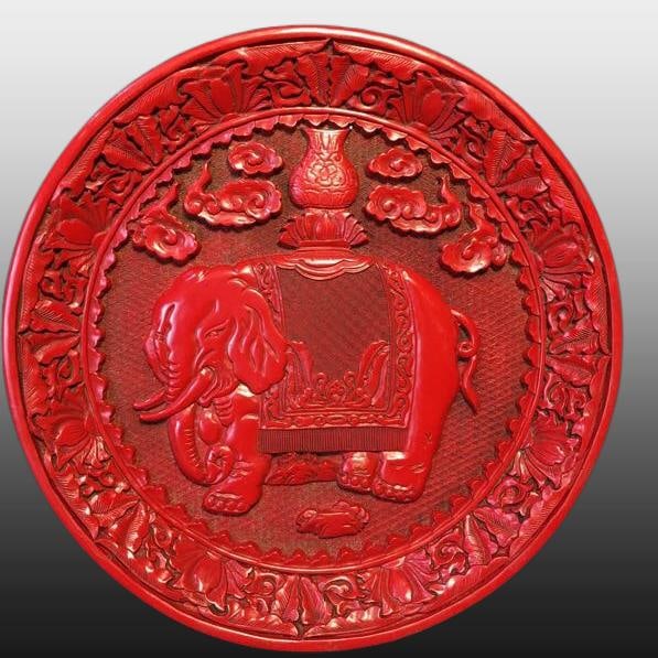A Exquisite Carved Red Lacquer Elephant Pattern Plate - 7