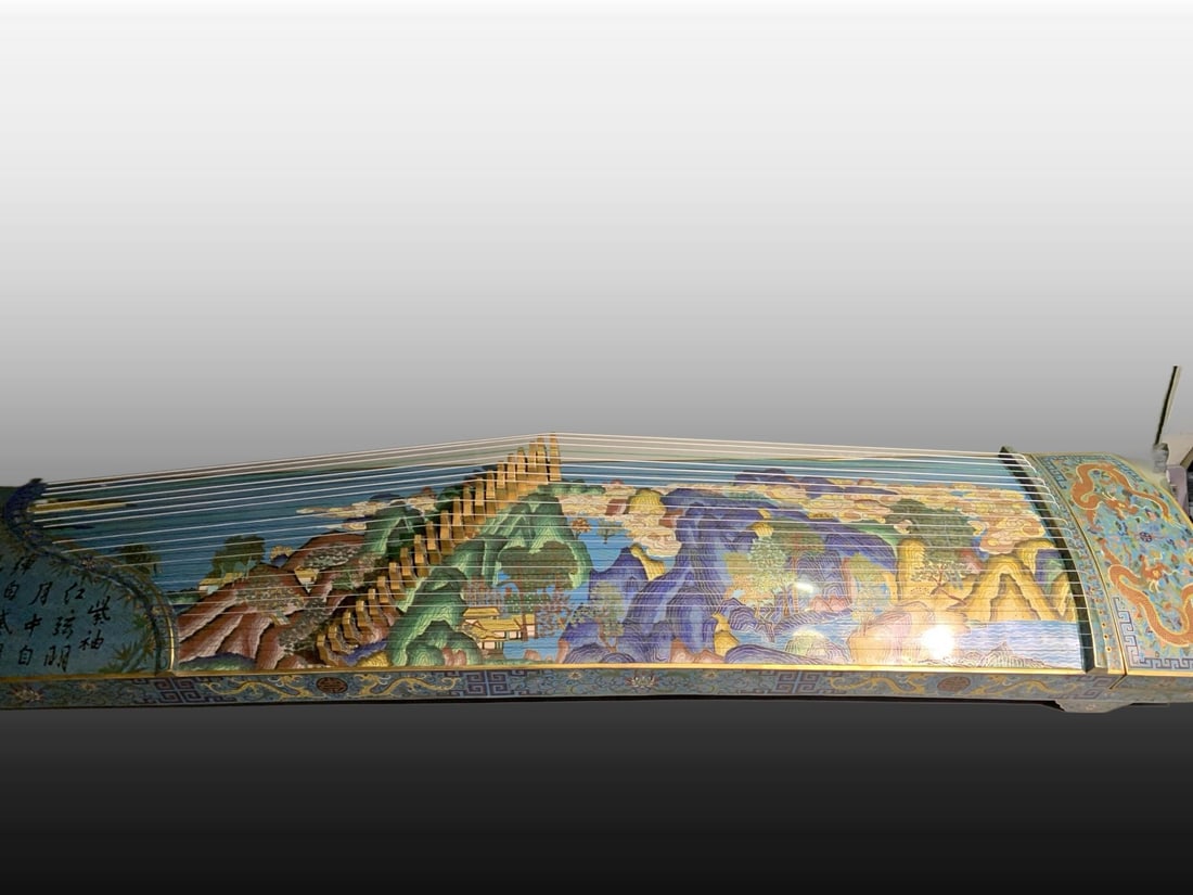 A Exquisite Cloisonne Guzheng: A Exquisite Cloisonne Guzheng,Qing Dynasty, China,Qianlong Four-character Mark,Size:65.7inx13.4inx7.9in 掐丝珐琅古筝,中国清代,乾།