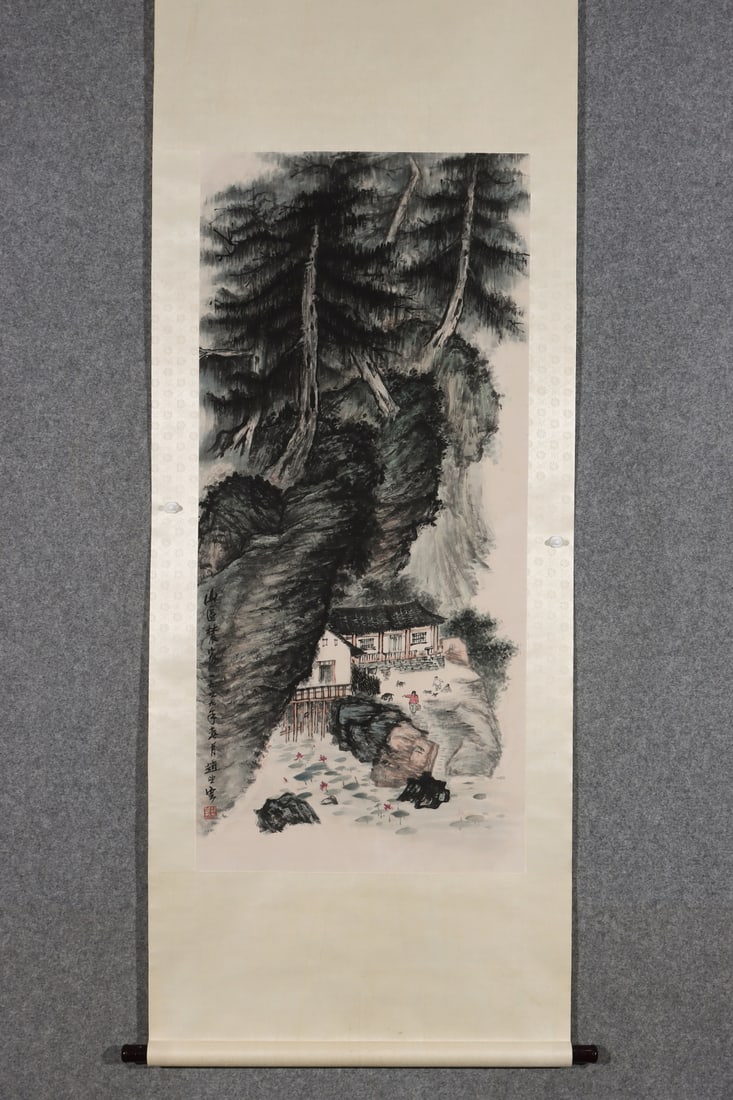 A Chinese Vertical Scroll Ink Painting of Landscape on Paper: A Chinese Vertical Scroll Ink Painting of Landscape on Paper,Modern Time of China,Zhao Wangyun,without frame size:46.1inx21.3in 一幅中国水墨纸本山