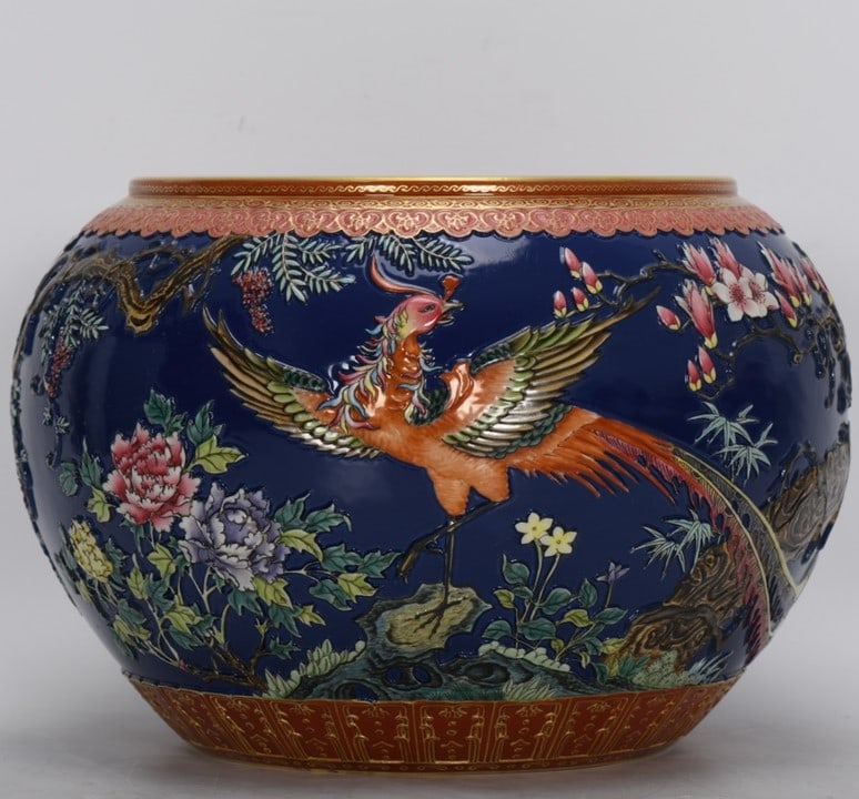 A Exquisite Enamel Blue Ground Phoenix Pattern Brush Washer: A Exquisite Enamel Blue Ground Phoenix Pattern Brush Washer,Qing Dynasty, China,Qianlong Six-character Mark,Size:6.7inx7inx9.8inx5.5in 珐琅彩蓝地凤纹水&