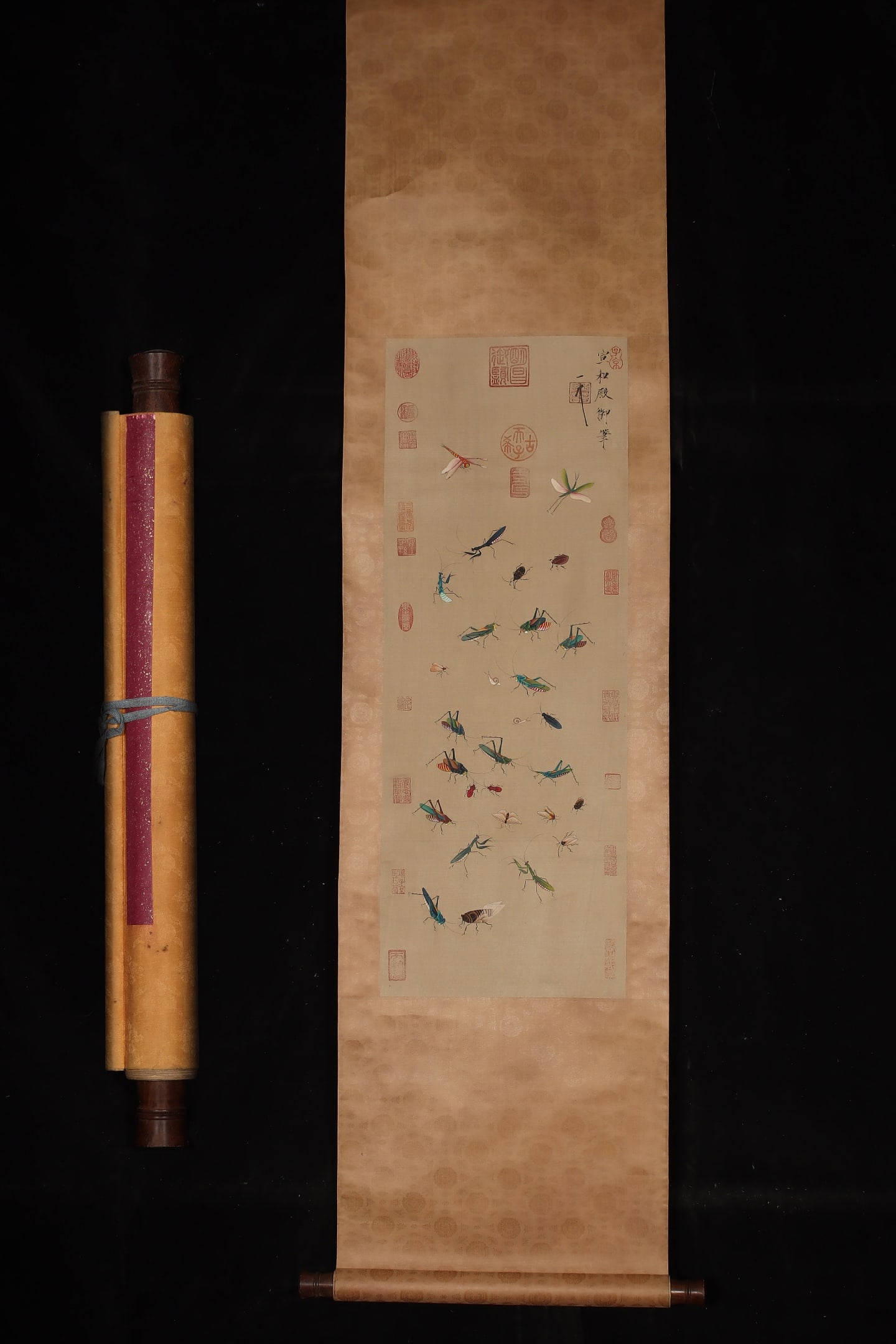 A Chinese Vertical Scroll Ink Painting of Grass and Insect on Silk: A Chinese Vertical Scroll Ink Painting of Grass and Insect on Silk,Song Dynasty, China,Emperor Huizong of Song,without frame size:35inx12.6in 一幅中国水墨绢&#