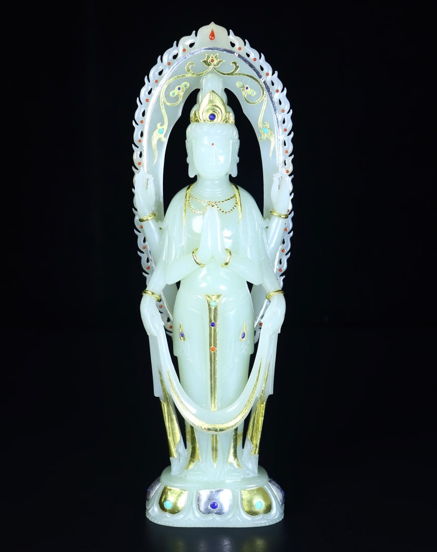 A Exquisite Hotan Jade Gold-Mounted Buddha Statue Ornament: A Exquisite Hotan Jade Gold-Mounted Buddha Statue Ornament,Qing Dynasty, China,With Mark,Size:10inx3.1inx1.8in,Weight:725g 和田玉包金佛像摆件,