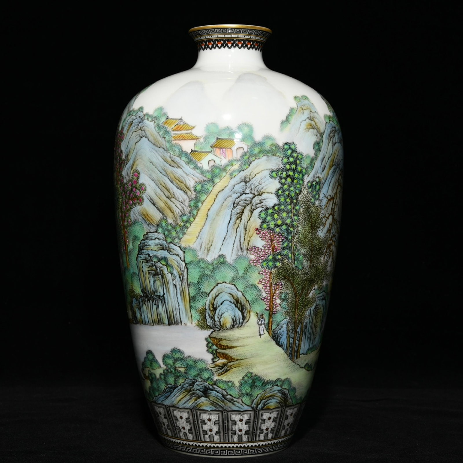 An Exquisite Famille-Rose Landscape and Figure Pattern Vase: An Exquisite Famille-Rose Landscape and Figure Pattern Vase,Qing Dynasty,China,Yongzheng Six-character Mark,Size:11.6inx6.7in 粉彩山水人物纹瓶,中&