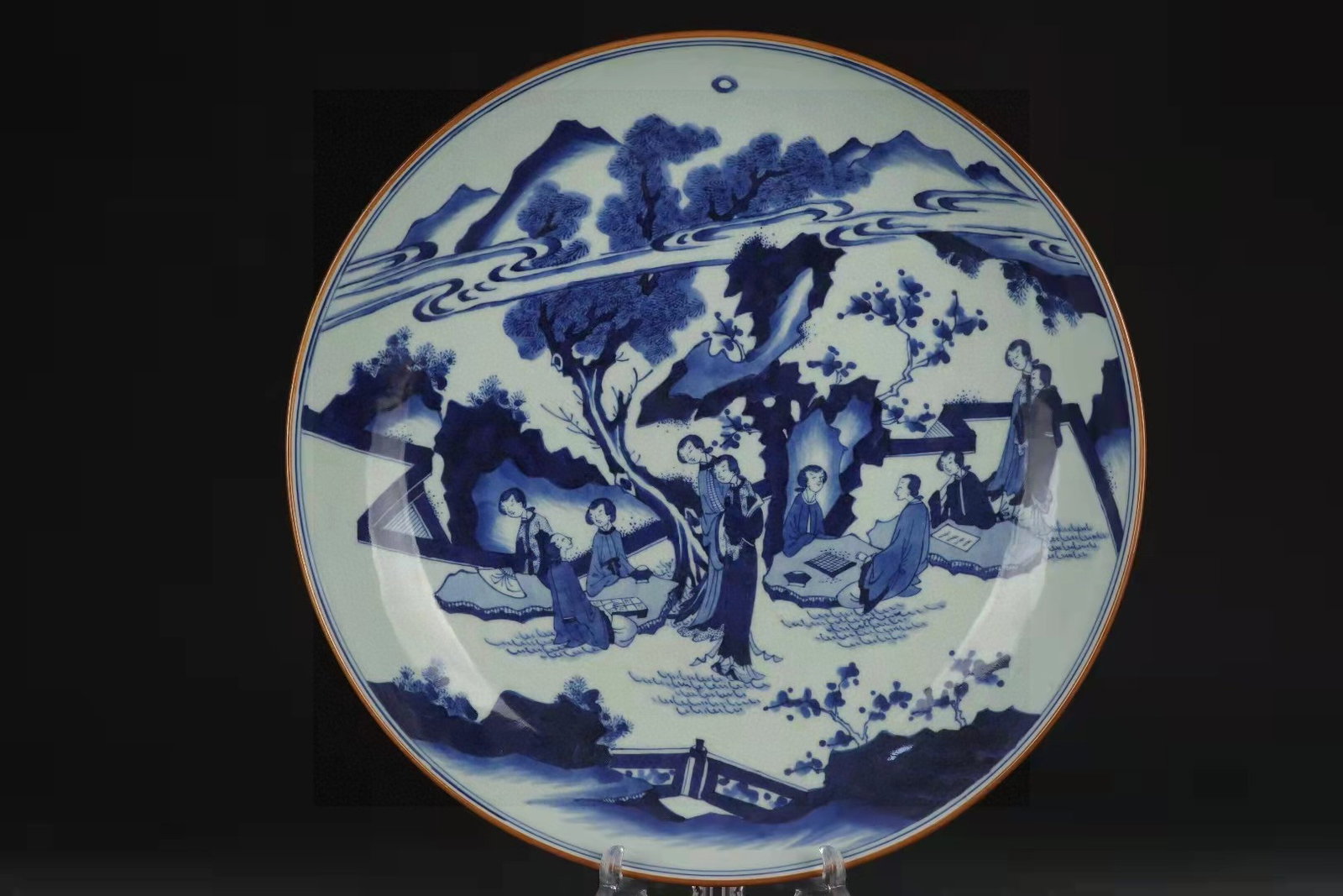 A Rare Blue and White Landscape and Figure Pattern Plate: A Rare Blue and White Landscape and Figure Pattern Plate,Qing Dynasty,China,Size:2.9inx14.4in 青花山水人物纹盘子,中国清代