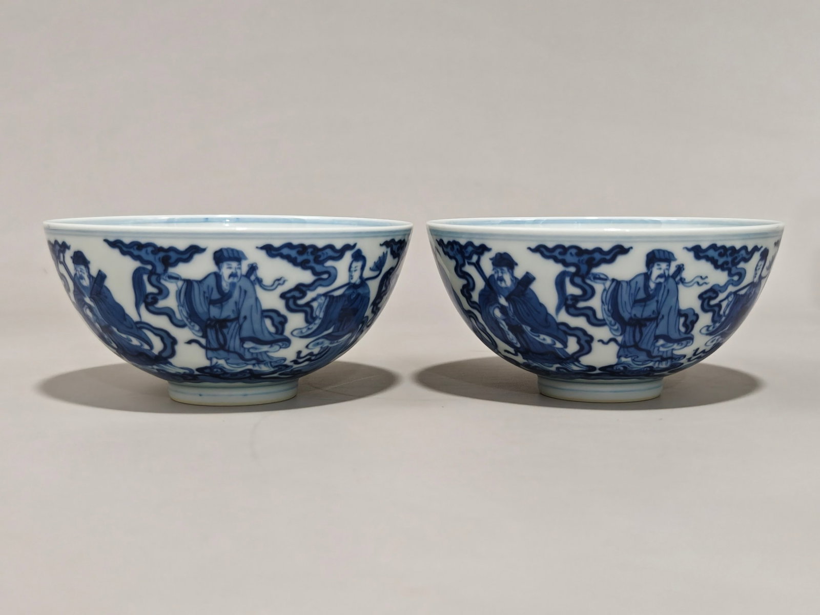 A Pair of Exquisite Blue and White Figure Pattern Bowls: A Pair of Exquisite Blue and White Figure Pattern Bowls,Qing Dynasty,China,Yongzheng Six-character Mark,Size:2.6inx5.2in 一对青花人物纹碗中国