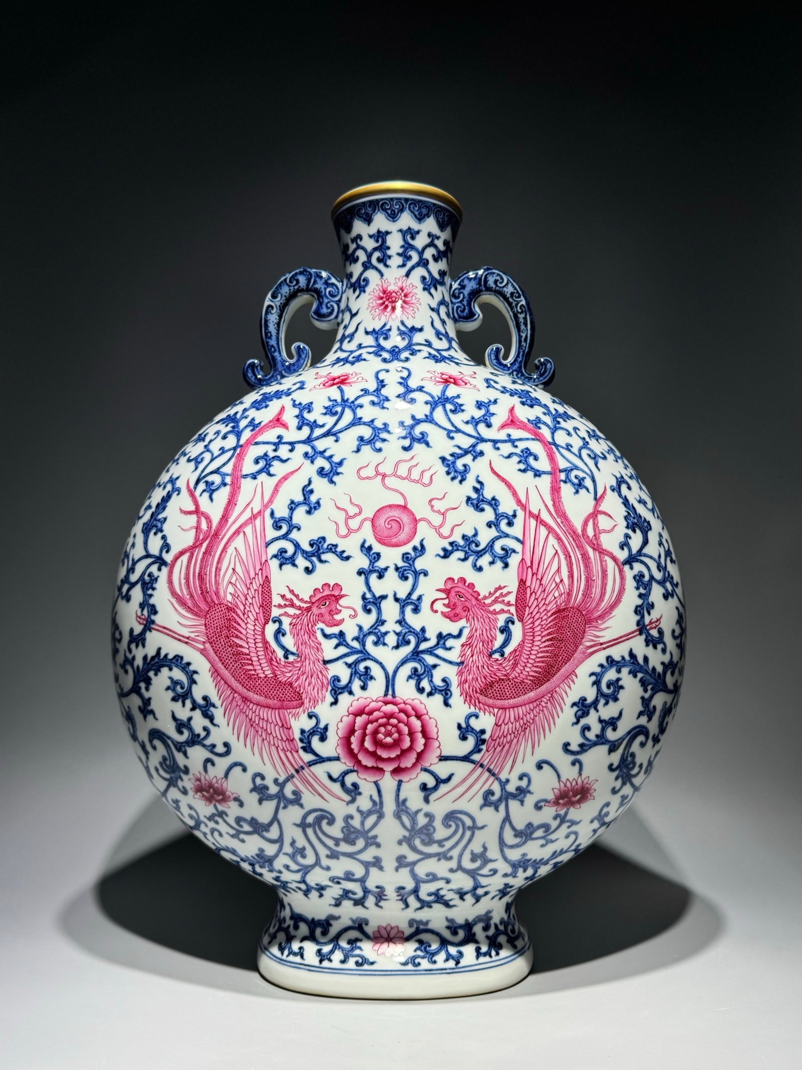 A Huge Blue and White Ruby red-Glazed Lotus and Phoenix Pattern Double-Ears Vase: A Huge Blue and White Ruby red-Glazed Lotus and Phoenix Pattern Double-Ears Vase,Qing Dynasty,China,Qianlong Six-character Mark,Size:20.1inx15in 青花宝石红釉缠