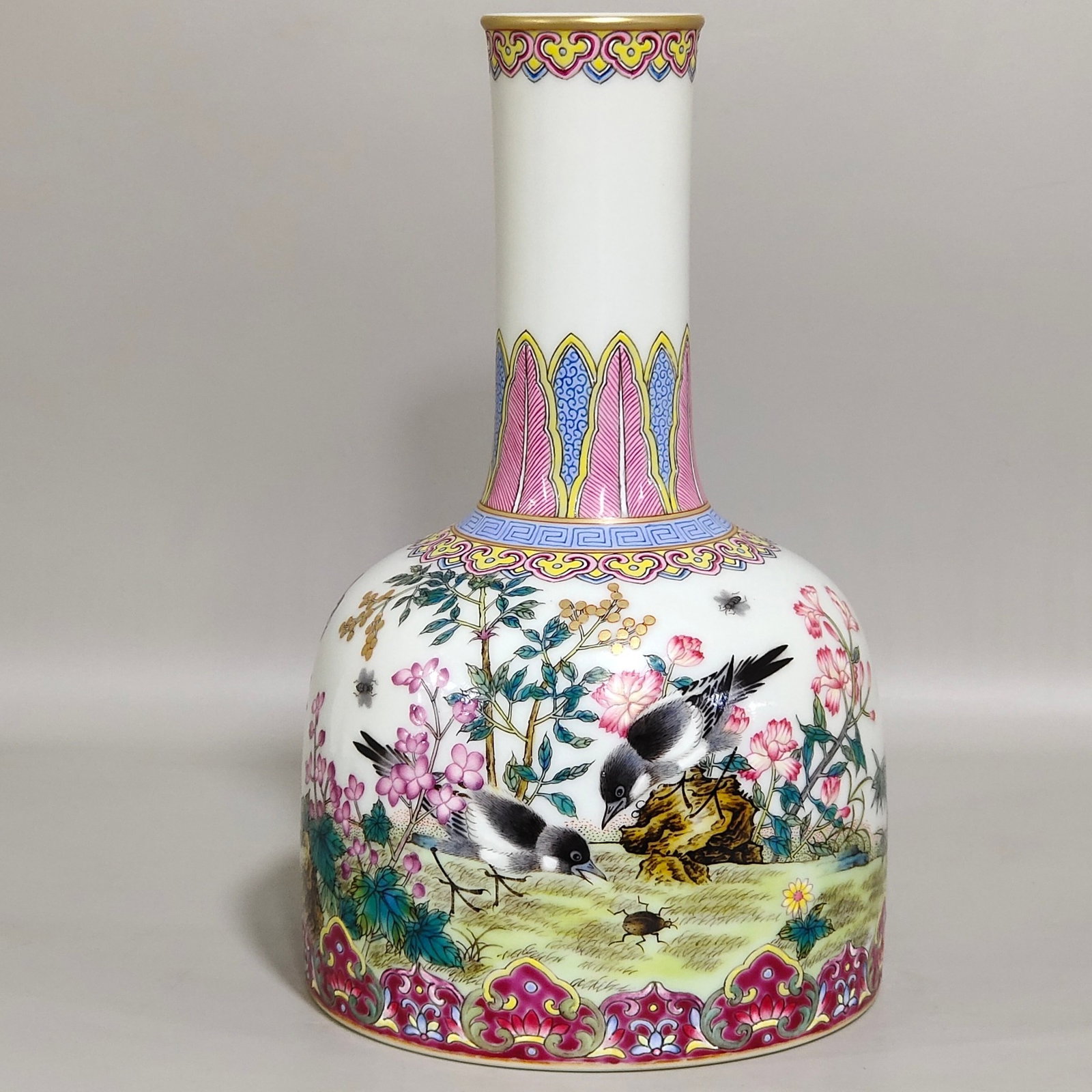 An Exquisite Famille-Rose Flower and Bird Pattern Vase,with poem: An Exquisite Famille-Rose Flower and Bird Pattern Vase,with poem,Qing Dynasty,China,Yongzheng Six-character Mark,Size:7.1inx4.3in 粉彩花鸟纹瓶,带诗ă