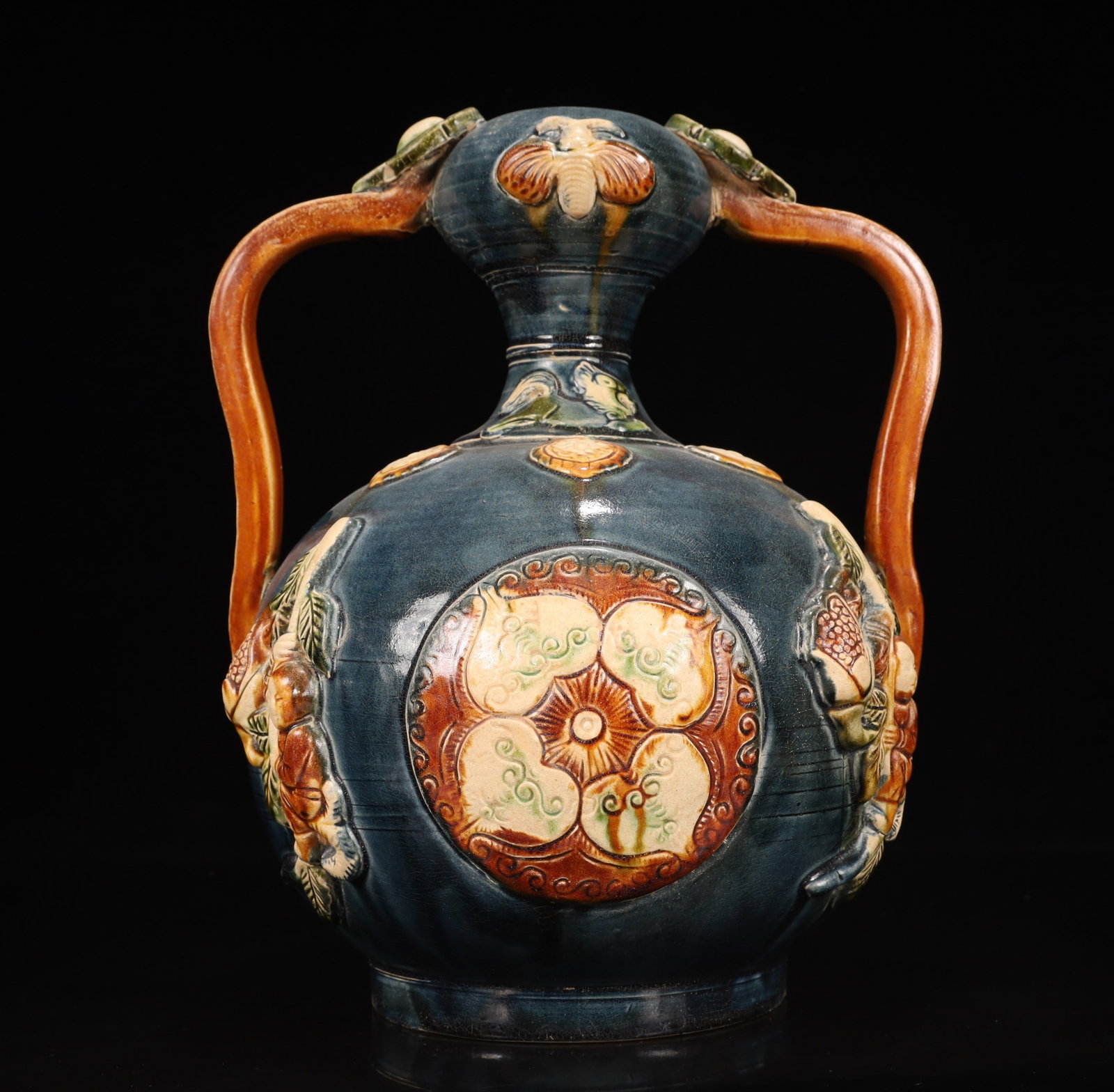 An Exquisite Tang Tri-Color Glazed Pottery Character and Story Pattern Double-Ears Vase: An Exquisite Tang Tri-Color Glazed Pottery Character and Story Pattern Double-Ears Vase,Tang Dynasty, China,Size:10.2inx9.8inx11.4in,Weight:3000g 唐三彩人物故ߚ