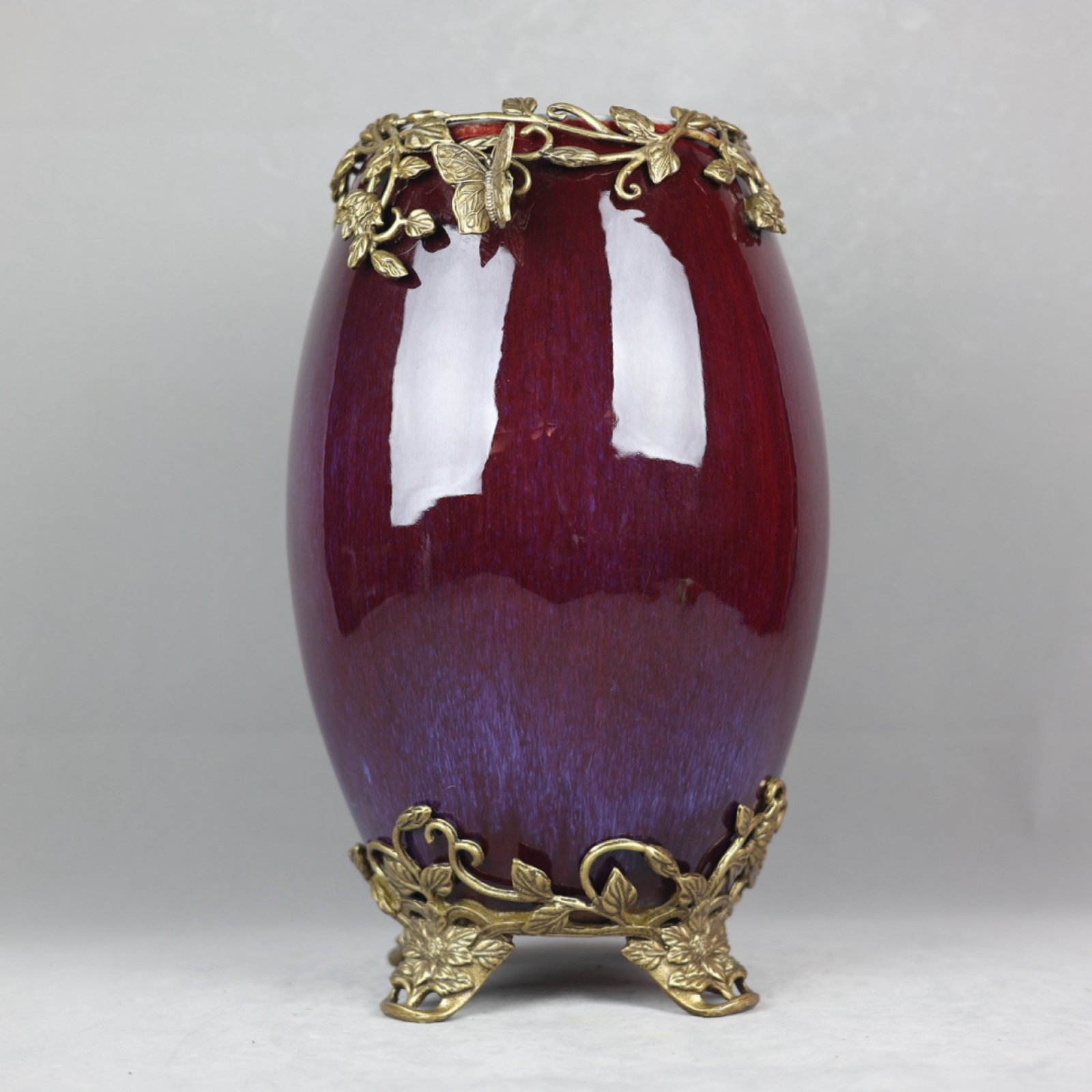 A Huge Flambe Glazed Inlaid Bronze Lotus Pattern Vase: A Huge Flambe Glazed Inlaid Bronze Lotus Pattern Vase,Qing Dynasty,China,Yongzheng Six-character Mark,Size:16.5inx9.4in 窑变釉镶铜缠枝莲纹瓶