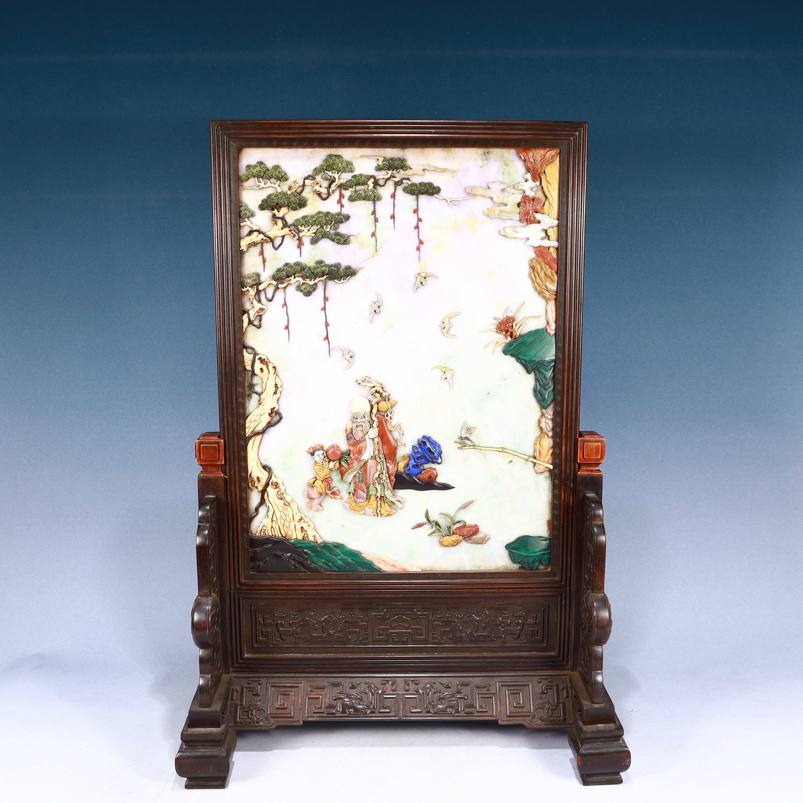 A Huge Zitanwood Inlaid Gems Landscape and Figure Pattern Table Screen: A Huge Zitanwood Inlaid Gems Landscape and Figure Pattern Table Screen,Qing Dynasty, China,Size:19.7inx10.6inx28.7in,Weight:13100g 紫檀木嵌百宝山水É