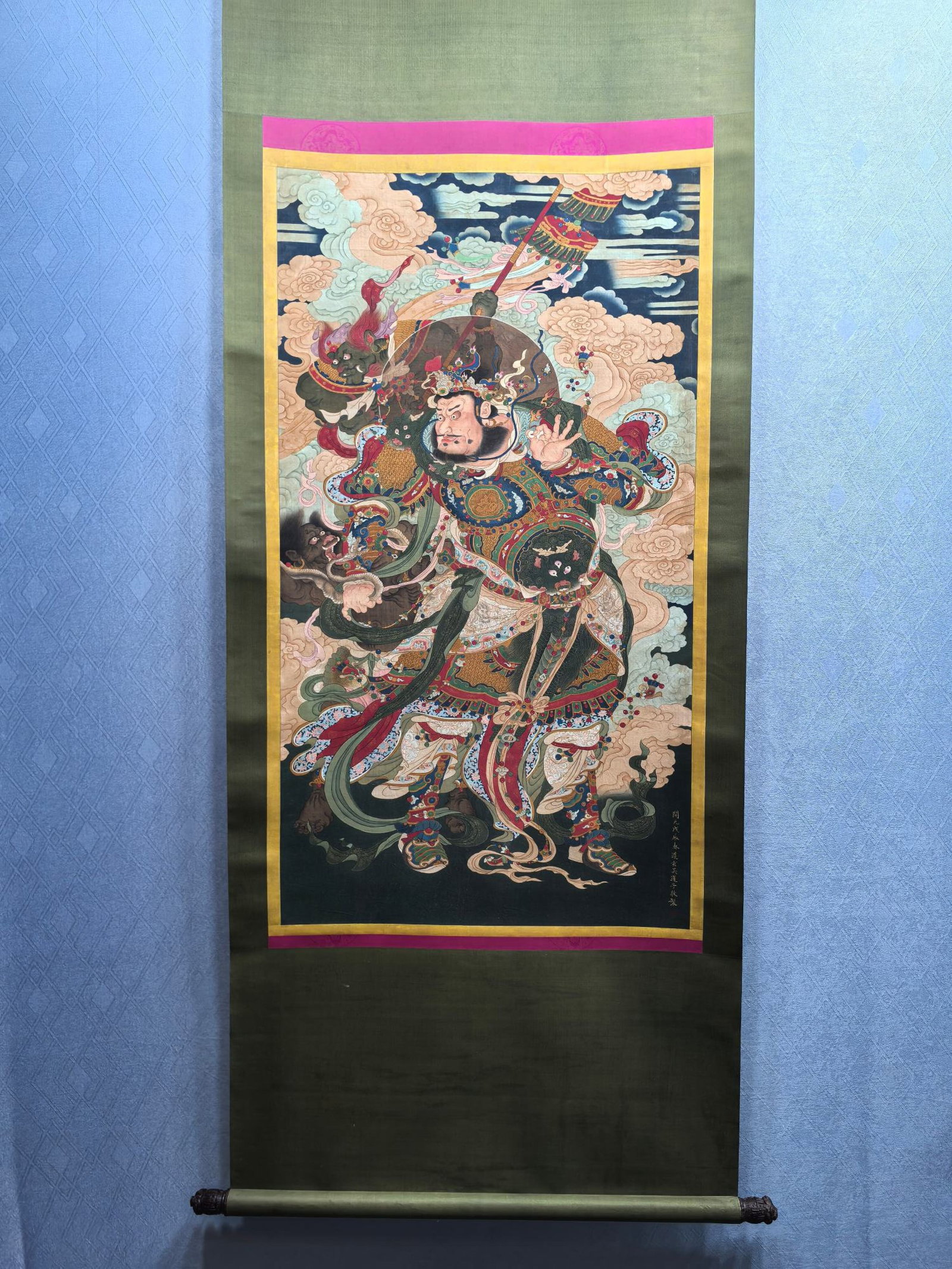A Chinese Vertical Scroll Ink Painting of Figure on Silk: A Chinese Vertical Scroll Ink Painting of Figure on Silk,Wu Daozi,Size:26inx47.2in 一幅中国水墨绢本人物画立轴,吴$