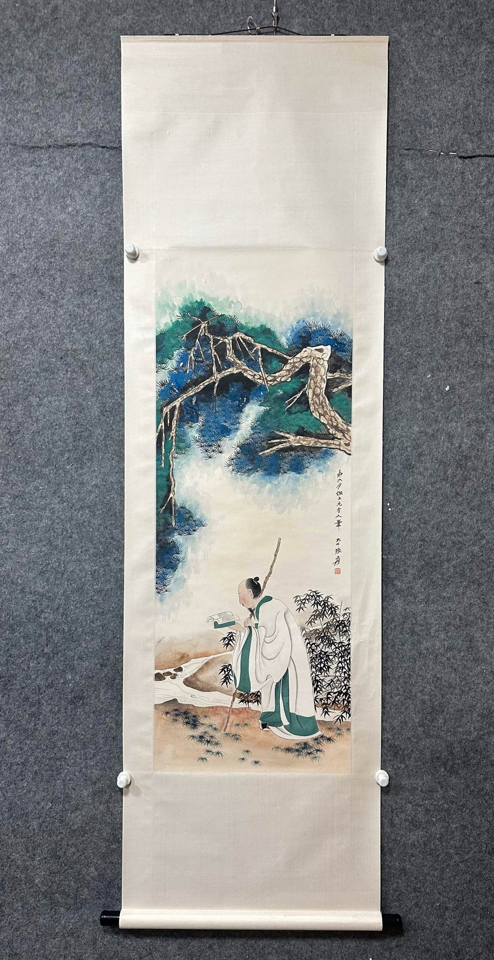 A Chinese Vertical Scroll Ink Painting of Landscape and Figure on Paper: A Chinese Vertical Scroll Ink Painting of Landscape and Figure on Paper,Zhang Daqian,Size:19.1inx50.2in 一幅中国水墨山水人物画立