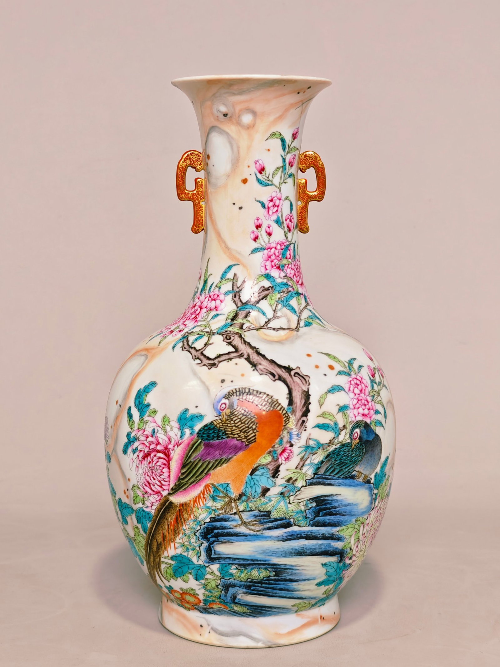 A Rare Famille-Rose Flower and Bird Pattern Double-Ears Vase,with poem: A Rare Famille-Rose Flower and Bird Pattern Double-Ears Vase,with poem,Qing Dynasty,China,Qianlong Six-character Mark,Size:11.8inx6.7in 粉彩花鸟纹双耳瓶