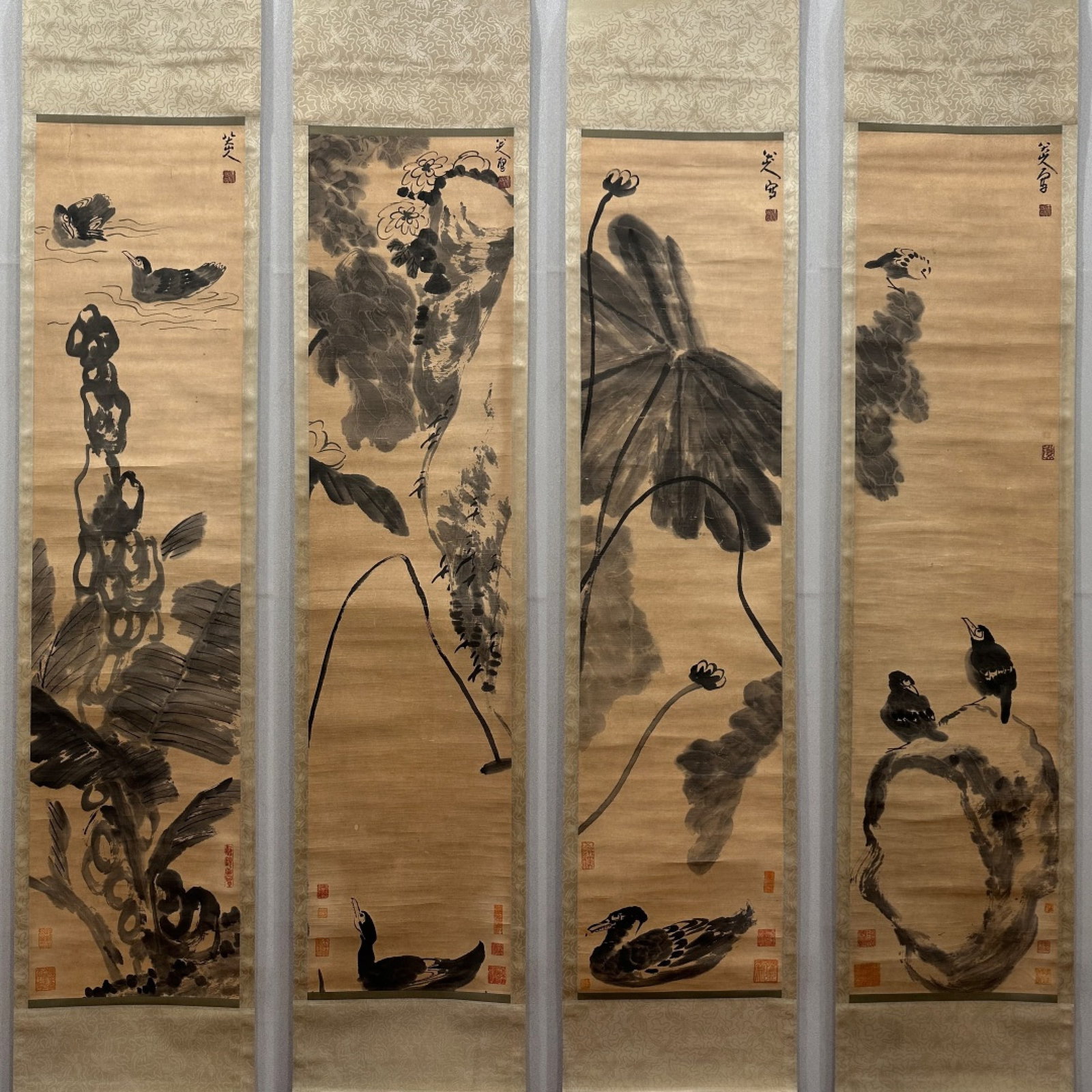 A Set of Chinese Vertical Scroll Ink Painting of Flower and Bird on Paper: A Set of Chinese Vertical Scroll Ink Painting of Flower and Bird on Paper,Bada Shanren,Size:12.2inx51.2in