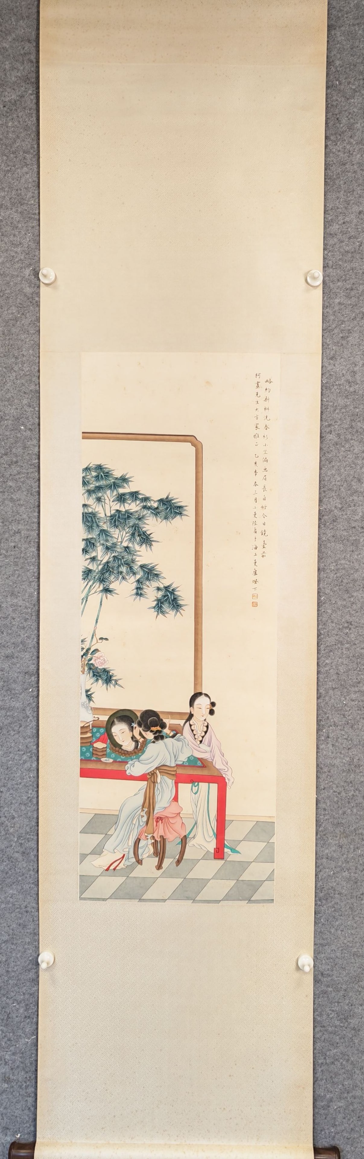 A Chinese Vertical Scroll Ink Painting of Figure on Paper: A Chinese Vertical Scroll Ink Painting of Figure on Paper,Lu Xiaoman,Size:14.6inx40.9in
