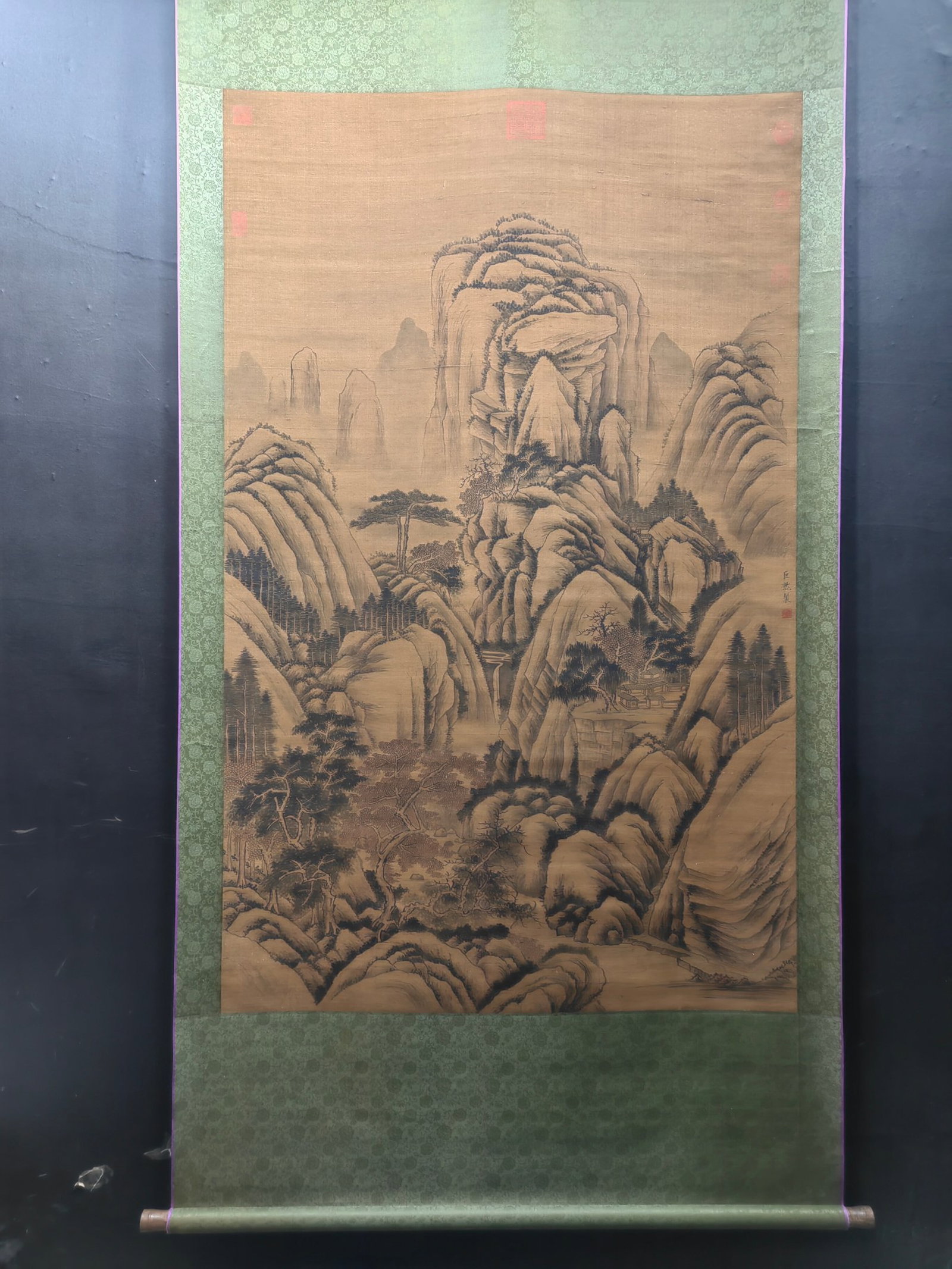 A Chinese Vertical Scroll Ink Painting of Landscape on Silk: A Chinese Vertical Scroll Ink Painting of Landscape on Silk,Ju Ran,Size:40.9inx65.6in
