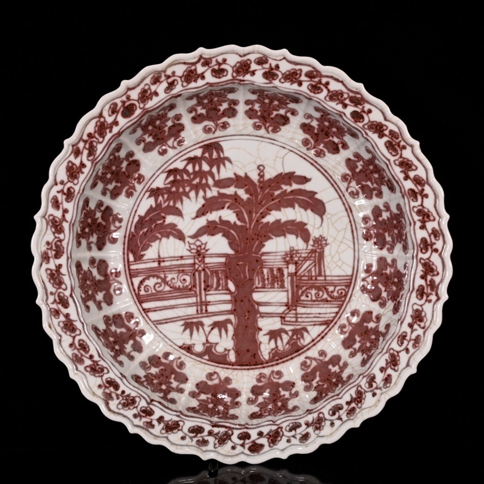 A Huge Underglaze-Red Flower Pattern Plate: A Huge Underglaze-Red Flower Pattern Plate,Qing Dynasty,China,Size:2.8inx16.5in 釉里红花卉纹盘子,中国清代