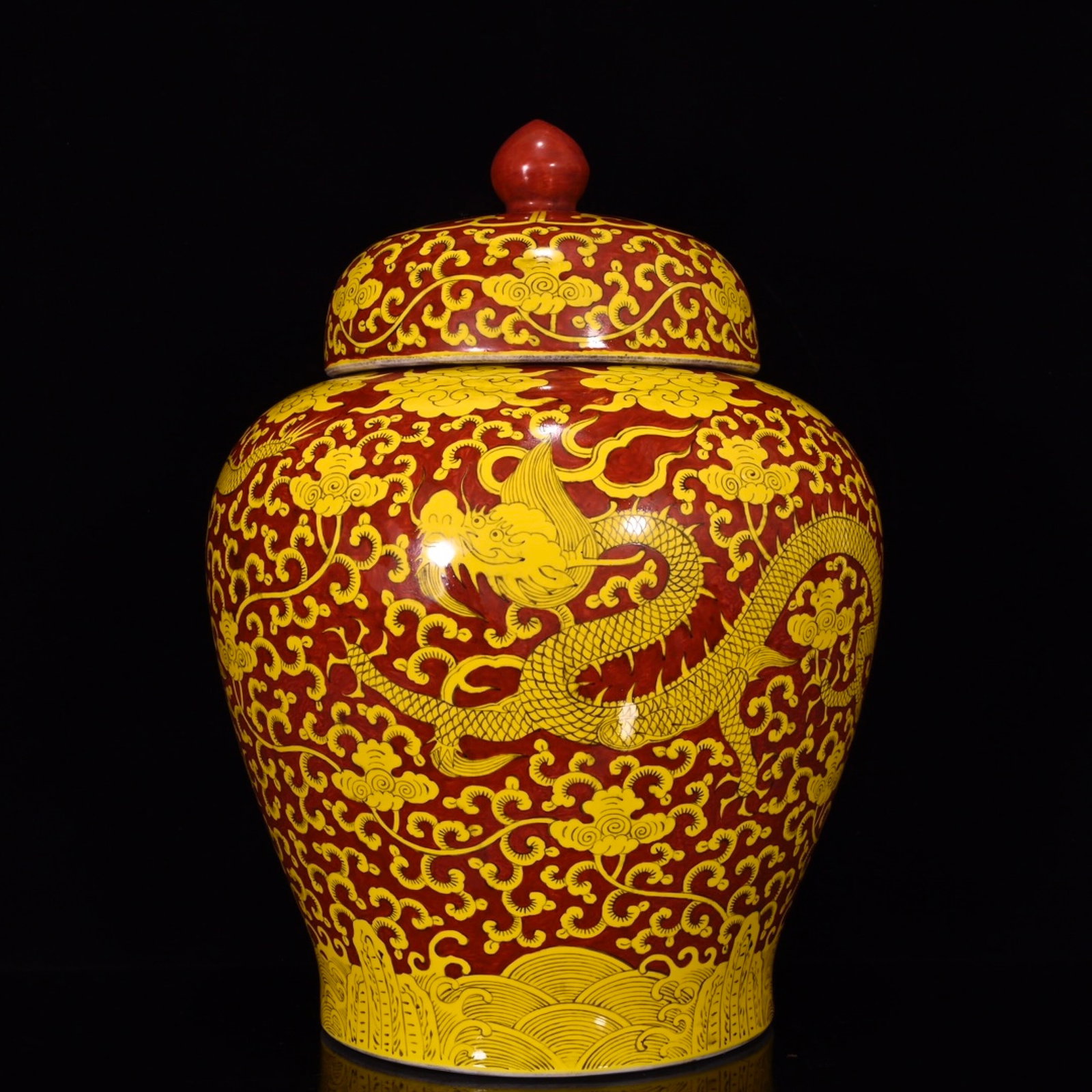 A Huge Red Ground Yellow Glazed Dragon Pattern Jar: A Huge Red Ground Yellow Glazed Dragon Pattern Jar,Ming Dynasty,China,Jiajing Six-character Mark,Size:16.5inx11.4in