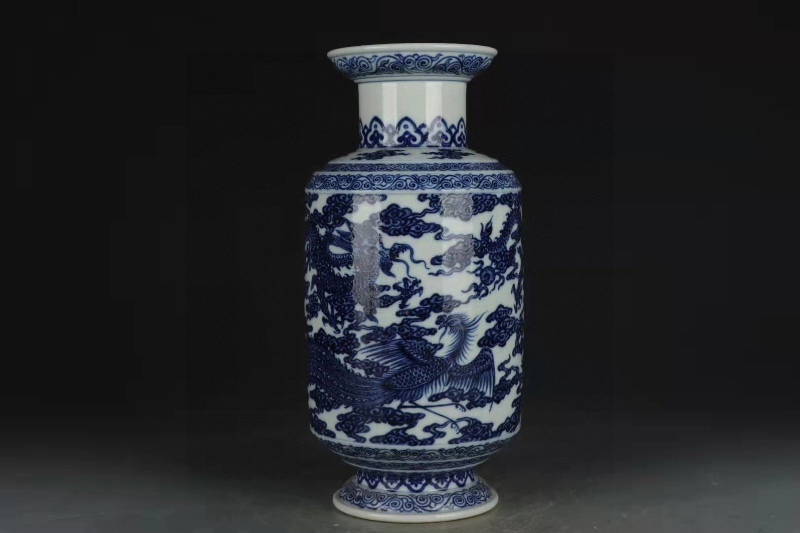 An Exquisite Blue and White Dragon and Phoenix Pattern Vase: An Exquisite Blue and White Dragon and Phoenix Pattern Vase,Qing Dynasty,China,Yongzheng Six-character Mark,Size:10.6inx5.5in 青花龙凤纹瓶,中国清&