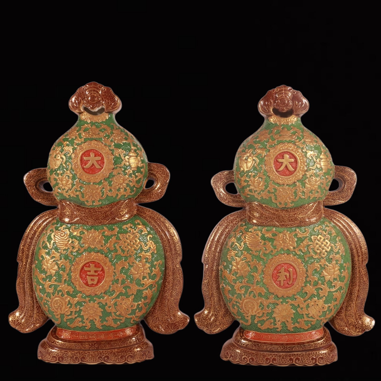 A Pair of Exquisite Enamel Green Ground Painted Gold Lotus Pattern Vases: A Pair of Exquisite Enamel Green Ground Painted Gold Lotus Pattern Vases,Qing Dynasty,China,Qianlong Six-character Mark,Size:9.6inx6.3in