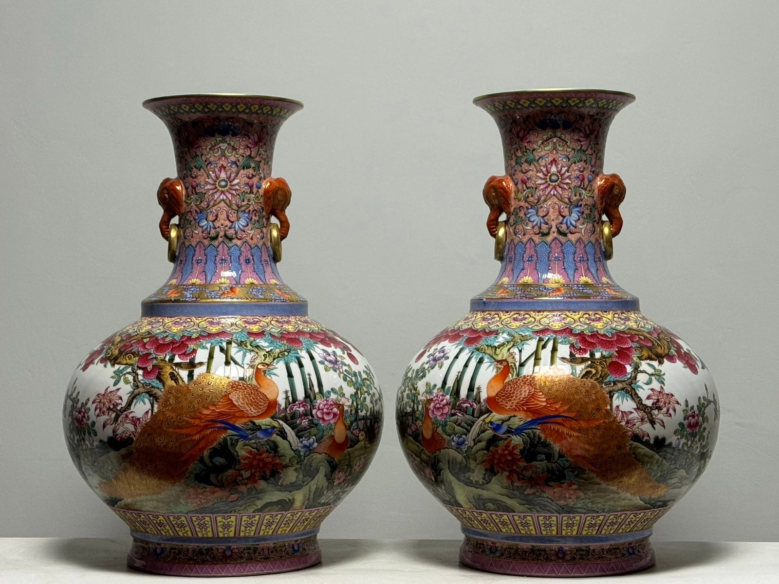 A Pair of Huge Enamel Flower and Phoenix Pattern Elephant-Ears Vases,with poem: A Pair of Huge Enamel Flower and Phoenix Pattern Elephant-Ears Vases,with poem,Qing Dynasty,China,Qianlong Four-character Mark,Size:21.7inx15.7in 一对珐琅彩花ࡔ