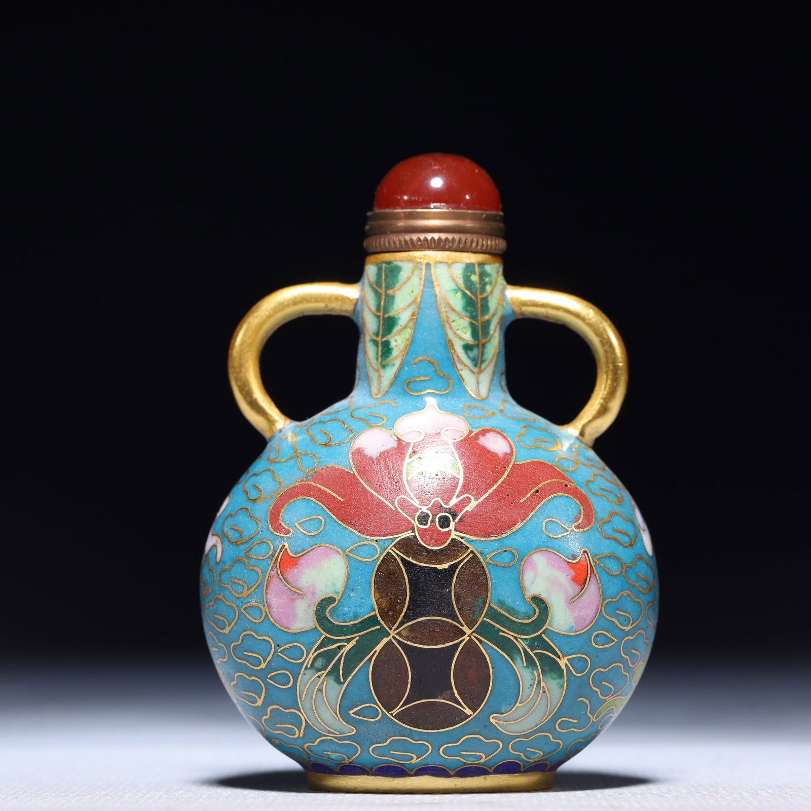 An Exquisite Cloisonne Bats and Peach Pattern Double-Ears Snuff Bottle: An Exquisite Cloisonne Bats and Peach Pattern Double-Ears Snuff Bottle,Qing Dynasty,China,Qianlong Four-character Mark,Size:2inx1.4inx3in,Weight:79.6g 景泰蓝福寿纹&