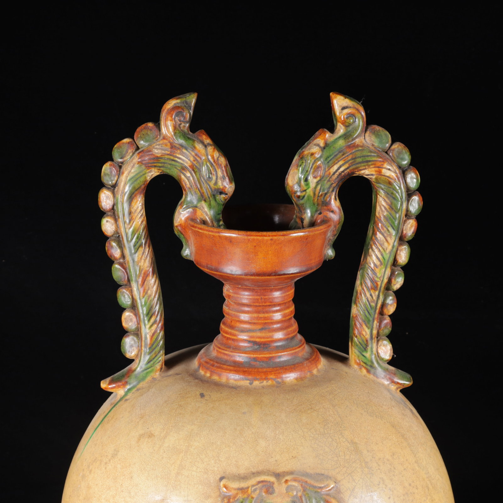 An Exquisite Tang Tri-Color Glazed Pottery Dragon Pattern Double-Ears Vase - 2