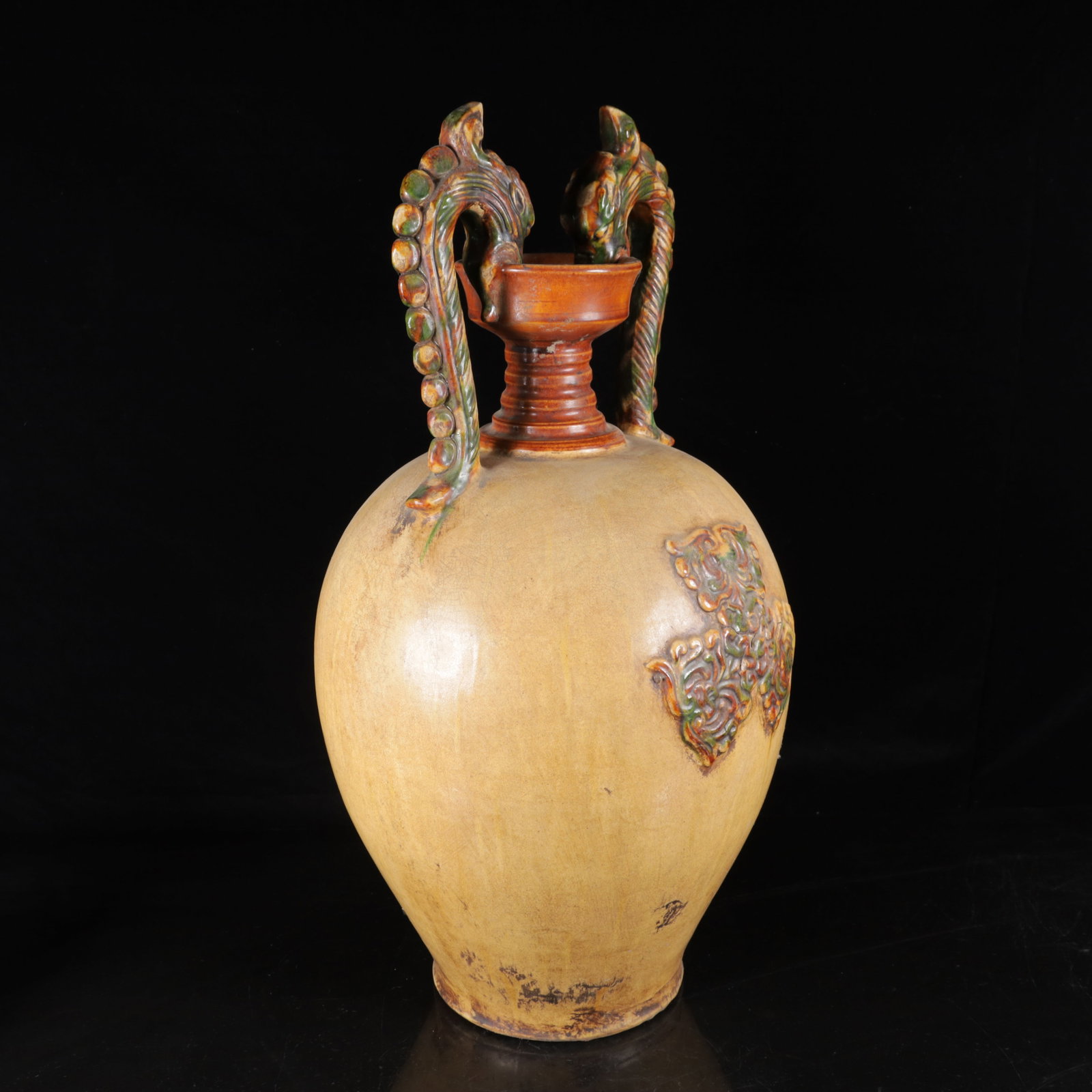 An Exquisite Tang Tri-Color Glazed Pottery Dragon Pattern Double-Ears Vase - 7